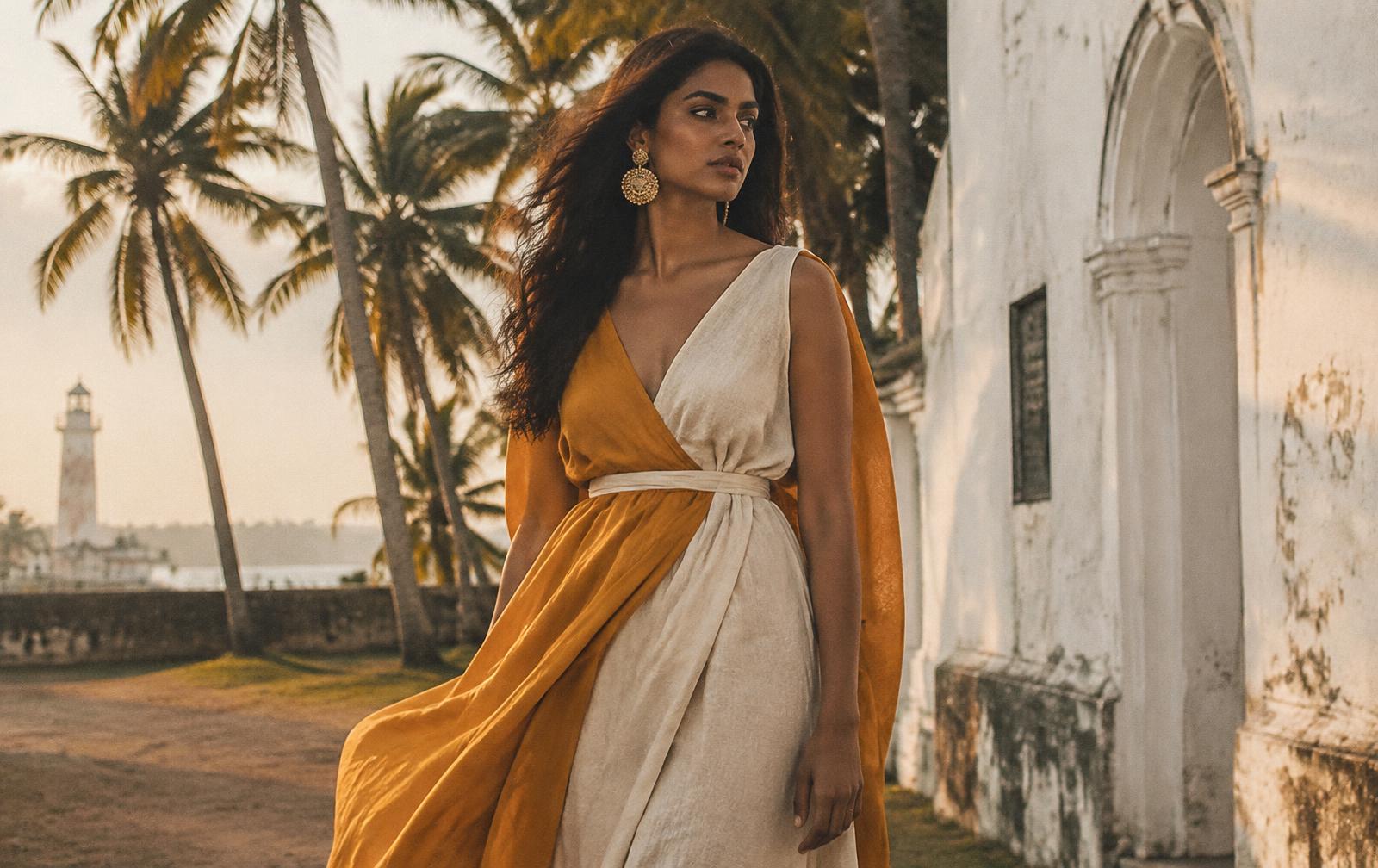 Model in a saffron and ivory linen dress in Galle Fort